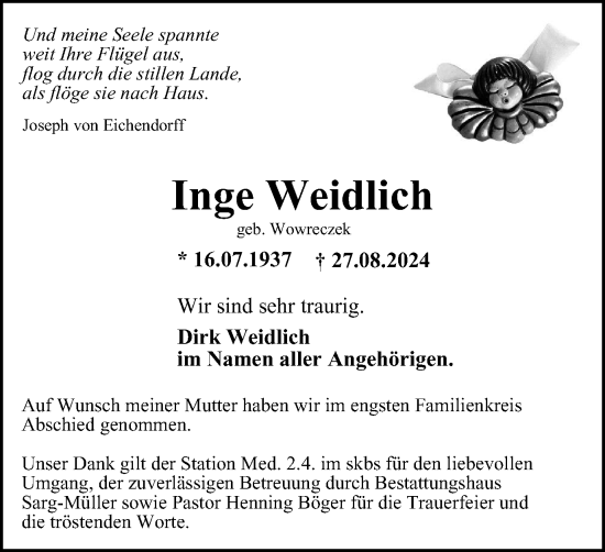Traueranzeige von Inge Weidlich von Braunschweiger Zeitung