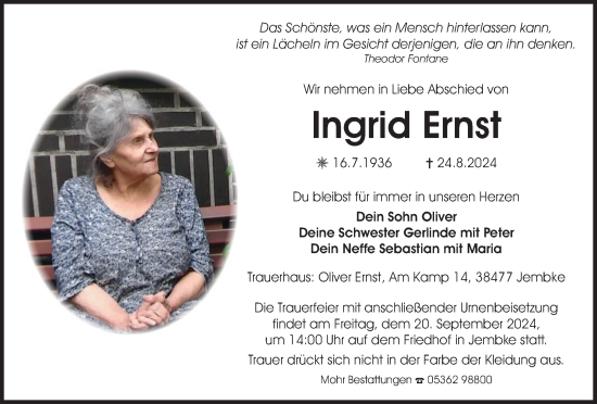 Traueranzeige von Ingrid Ernst von Wolfsburger Nachrichten