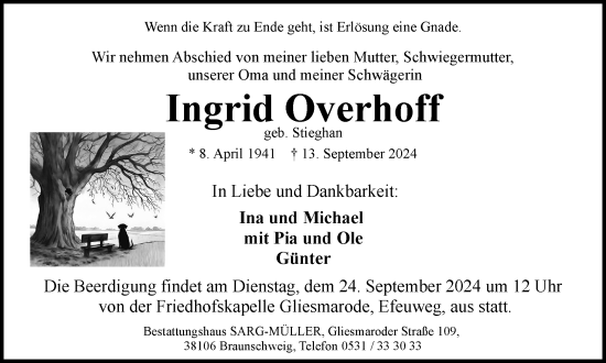 Traueranzeige von Ingrid Overhoff von Braunschweiger Zeitung