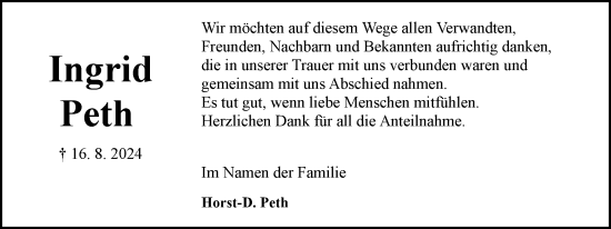 Traueranzeige von Ingrid Peth von Wolfsburger Nachrichten