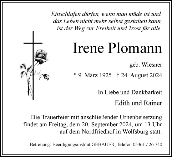 Traueranzeige von Irene Plomann von Wolfsburger Nachrichten