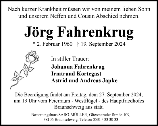 Traueranzeige von Jörg Fahrenkrug von Braunschweiger Zeitung