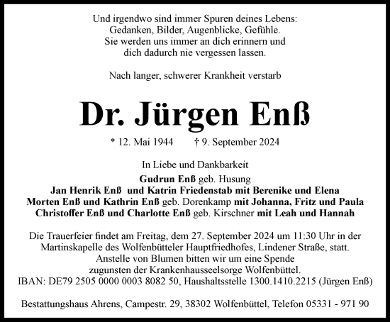 Traueranzeige von Jürgen Enß von Wolfenbütteler Zeitung