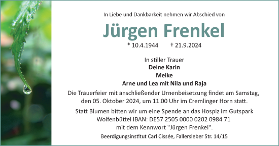 Traueranzeige von Jürgen Frenkel von Braunschweiger Zeitung