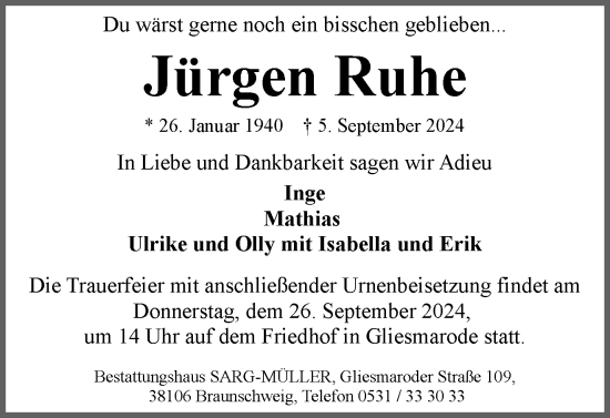 Traueranzeige von Jürgen Ruhe von Braunschweiger Zeitung