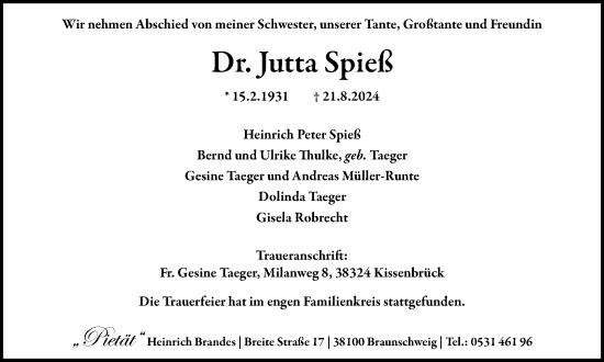 Traueranzeige von Jutta Spieß von Braunschweiger Zeitung