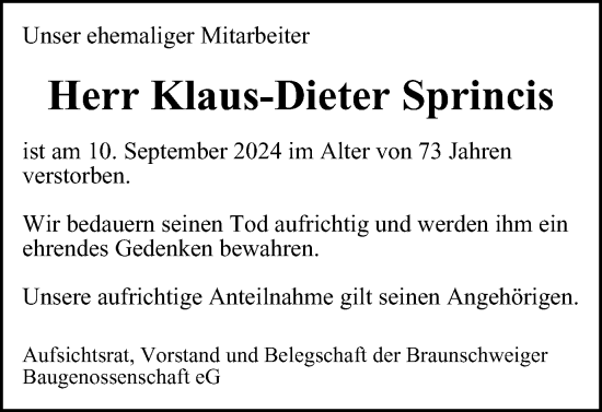 Traueranzeige von Klaus-Dieter Sprincis von Braunschweiger Zeitung