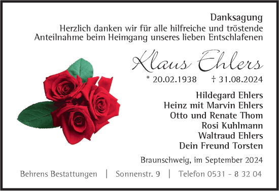 Traueranzeige von Klaus Ehlers von Braunschweiger Zeitung