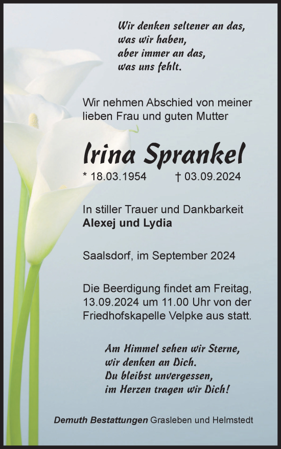 Traueranzeige von lrina Sprankel von Wolfsburger Nachrichten
