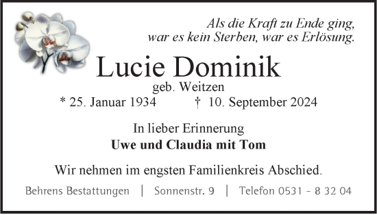 Traueranzeige von Lucie Dominik von Braunschweiger Zeitung