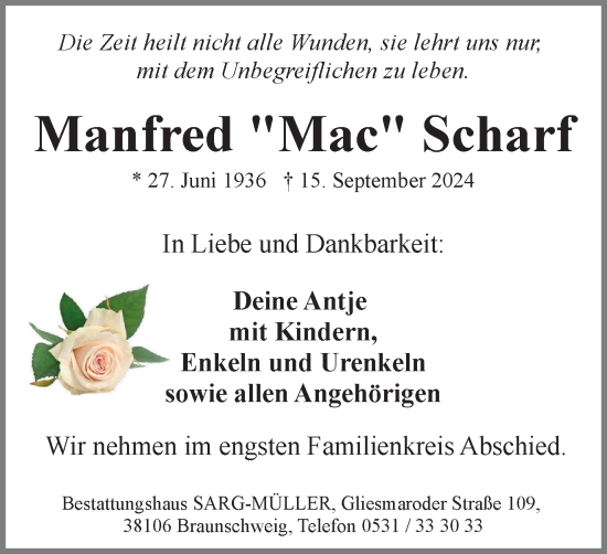 Traueranzeige von Manfred  Scharf von Braunschweiger Zeitung