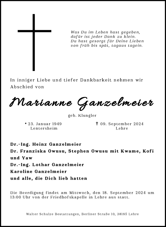 Traueranzeige von Marianne Ganzelmeier von Helmstedter Nachrichten