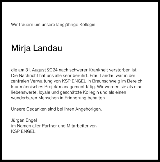Traueranzeige von Mirja Landau von Braunschweiger Zeitung