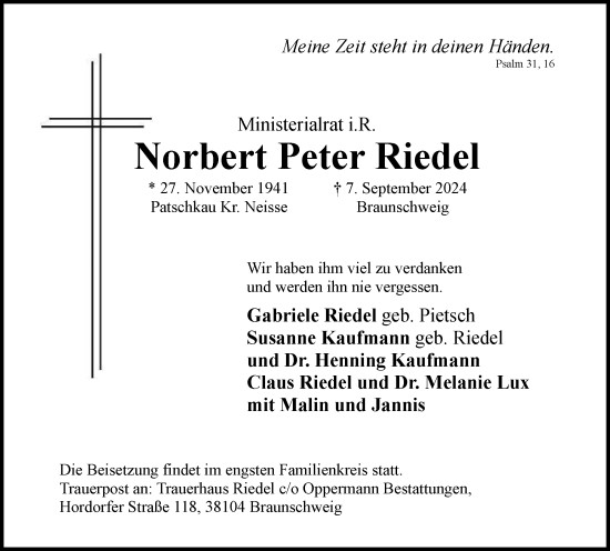 Traueranzeige von Norbert Peter Riedel von Braunschweiger Zeitung