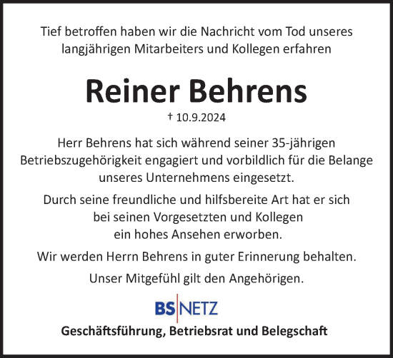 Traueranzeige von Reiner Behrens von Braunschweiger Zeitung