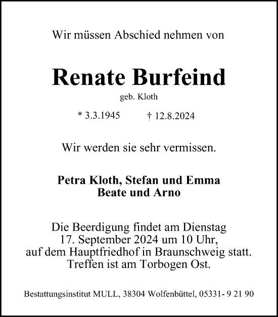 Traueranzeige von Renate Burfeind von Braunschweiger Zeitung
