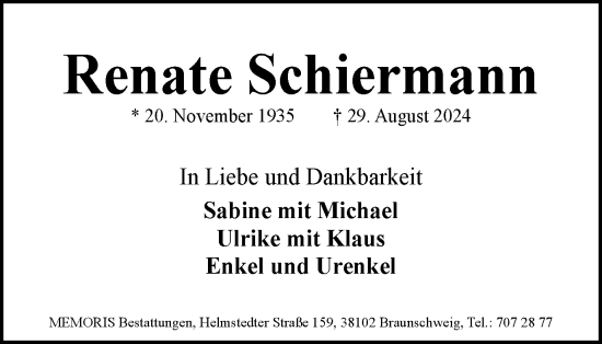 Traueranzeige von Renate Schiermann von Braunschweiger Zeitung