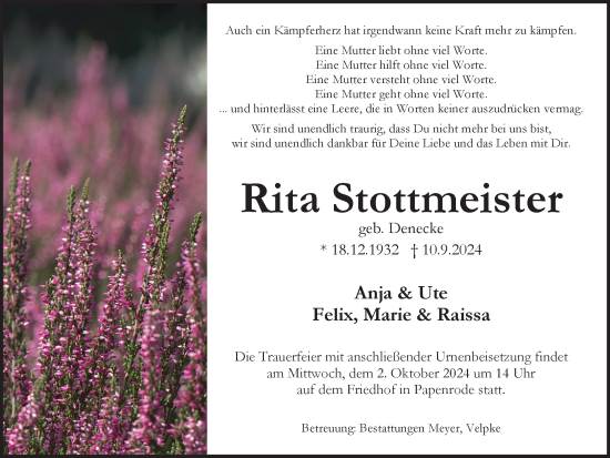 Traueranzeige von Rita Stottmeister von Helmstedter Nachrichten