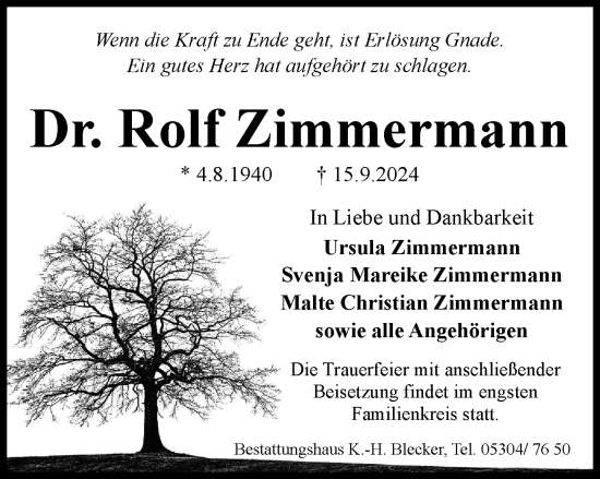 Traueranzeige von Rolf Zimmermann von Braunschweiger Zeitung