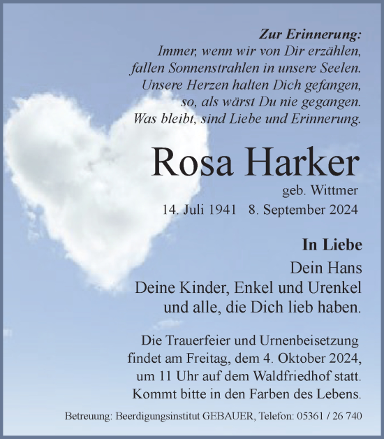 Traueranzeige von Rosa Harker von Wolfsburger Nachrichten