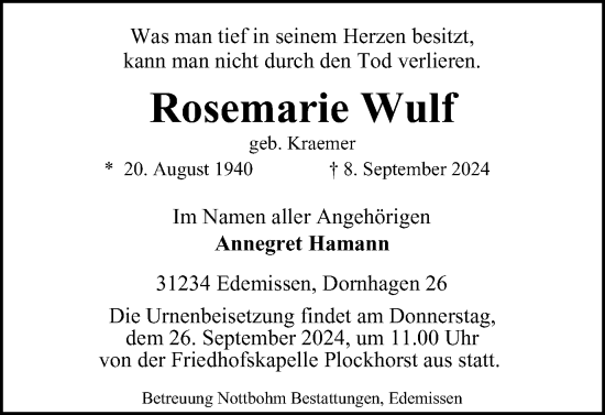Traueranzeige von Rosemarie Wulf von Helmstedter Nachrichten