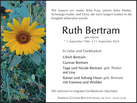 Traueranzeige von Ruth Bertram von Braunschweiger Zeitung