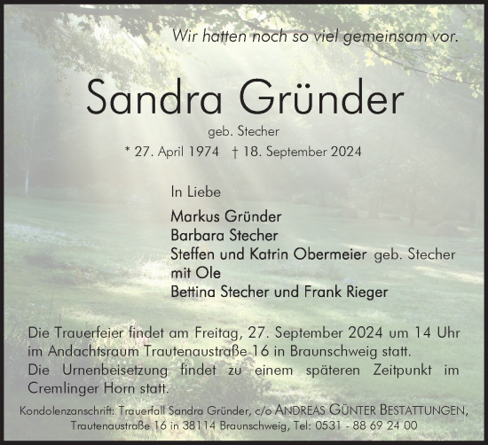 Traueranzeige von Sandra Gründer von Braunschweiger Zeitung