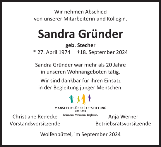 Traueranzeige von Sandra Gründer von Braunschweiger Zeitung