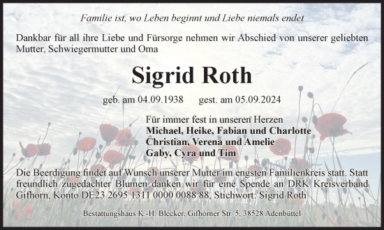Traueranzeige von Sigrid Roth von Braunschweiger Zeitung