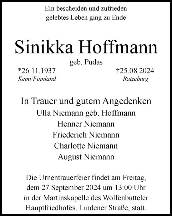 Traueranzeige von Sinikka Hoffmann von Wolfenbütteler Zeitung