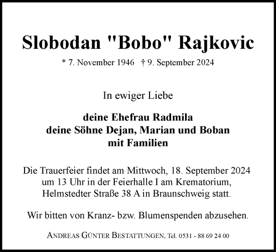 Traueranzeige von Slobodan  Rajkovic von Braunschweiger Zeitung