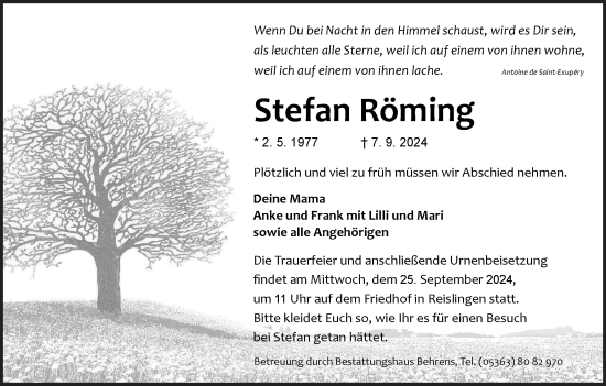 Traueranzeige von Stefan Röming von Wolfsburger Nachrichten