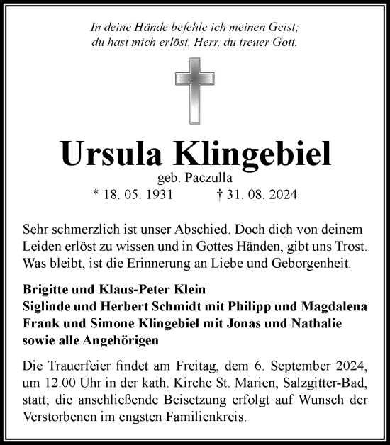 Traueranzeige von Ursula Klingebiel von Salzgitter-Zeitung