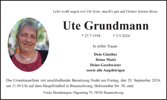 Traueranzeige von Ute Grundmann von Braunschweiger Zeitung
