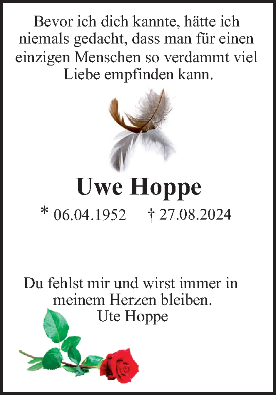 Traueranzeige von Uwe Hoppe von Braunschweiger Zeitung