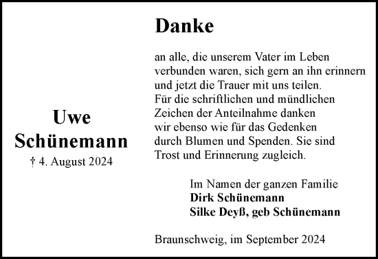 Traueranzeige von Uwe Schünemann von Braunschweiger Zeitung