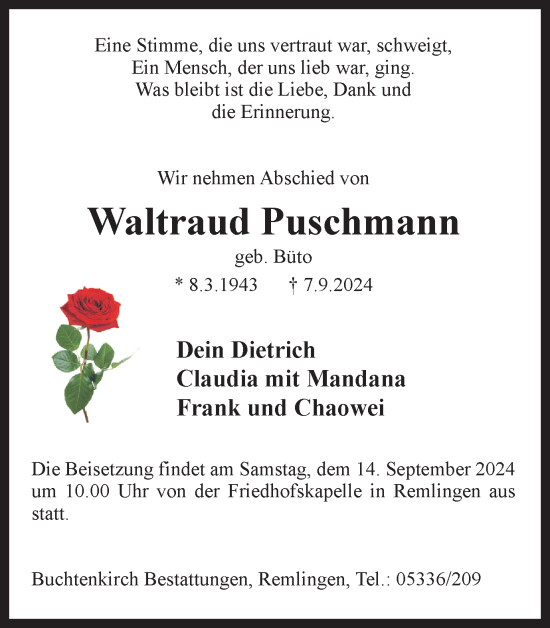 Traueranzeige von Waltraud Puschmann von Wolfenbütteler Zeitung