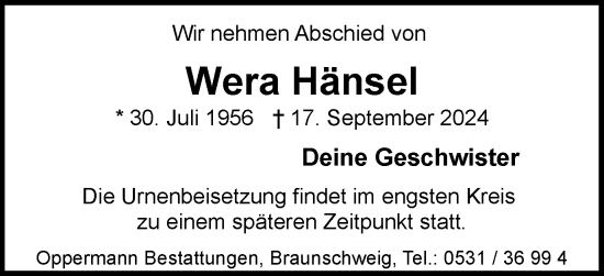 Traueranzeige von Wera Hänsel von Braunschweiger Zeitung