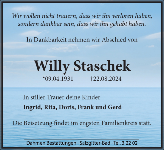 Traueranzeige von Willy Staschek von Salzgitter-Zeitung