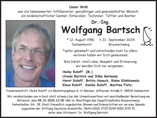Traueranzeige von Wolfgang Bartsch von Braunschweiger Zeitung