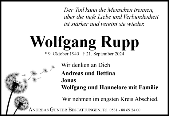 Traueranzeige von Wolfgang Rupp von Braunschweiger Zeitung