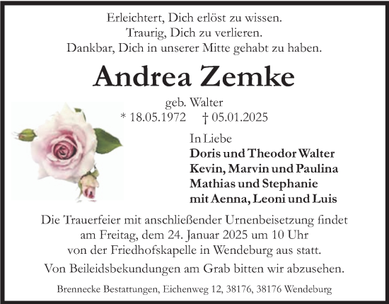 Traueranzeige von Andrea Zemke von Peiner Nachrichten