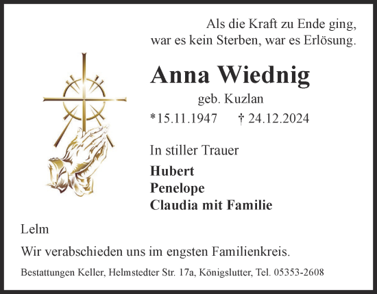 Traueranzeige von Anna Wiednig von Helmstedter Nachrichten