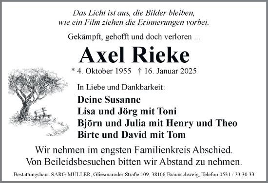Traueranzeige von Axel Rieke 