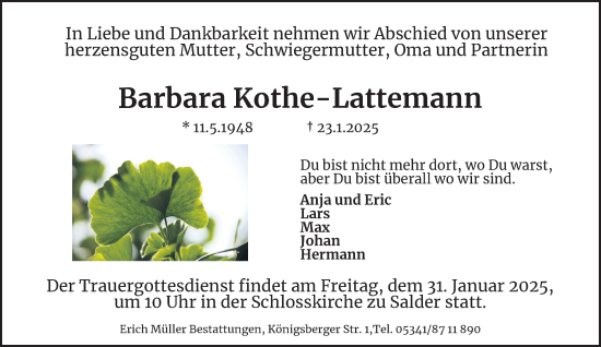 Traueranzeige von Barbara Kothe-Lattemann von Salzgitter-Zeitung