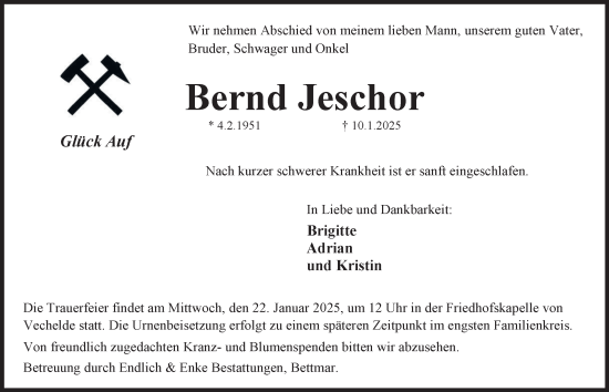 Traueranzeige von Bernd Jeschor von Peiner Nachrichten