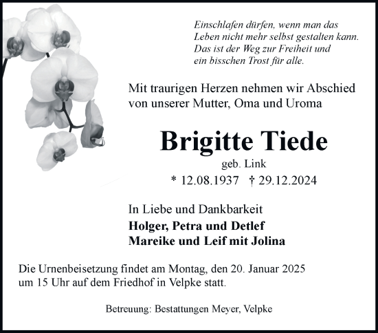 Traueranzeige von Brigitte Tiede von Helmstedter Nachrichten