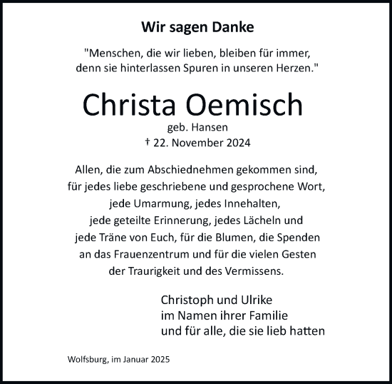 Traueranzeige von Christa Oemisch 