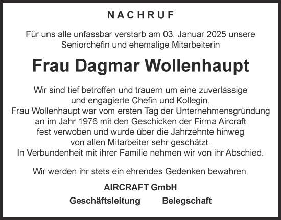 Traueranzeige von Dagmar Wollenhaupt 