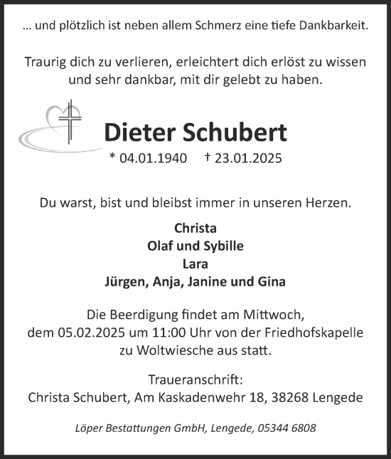 Traueranzeige von Dieter Schubert von Peiner Nachrichten